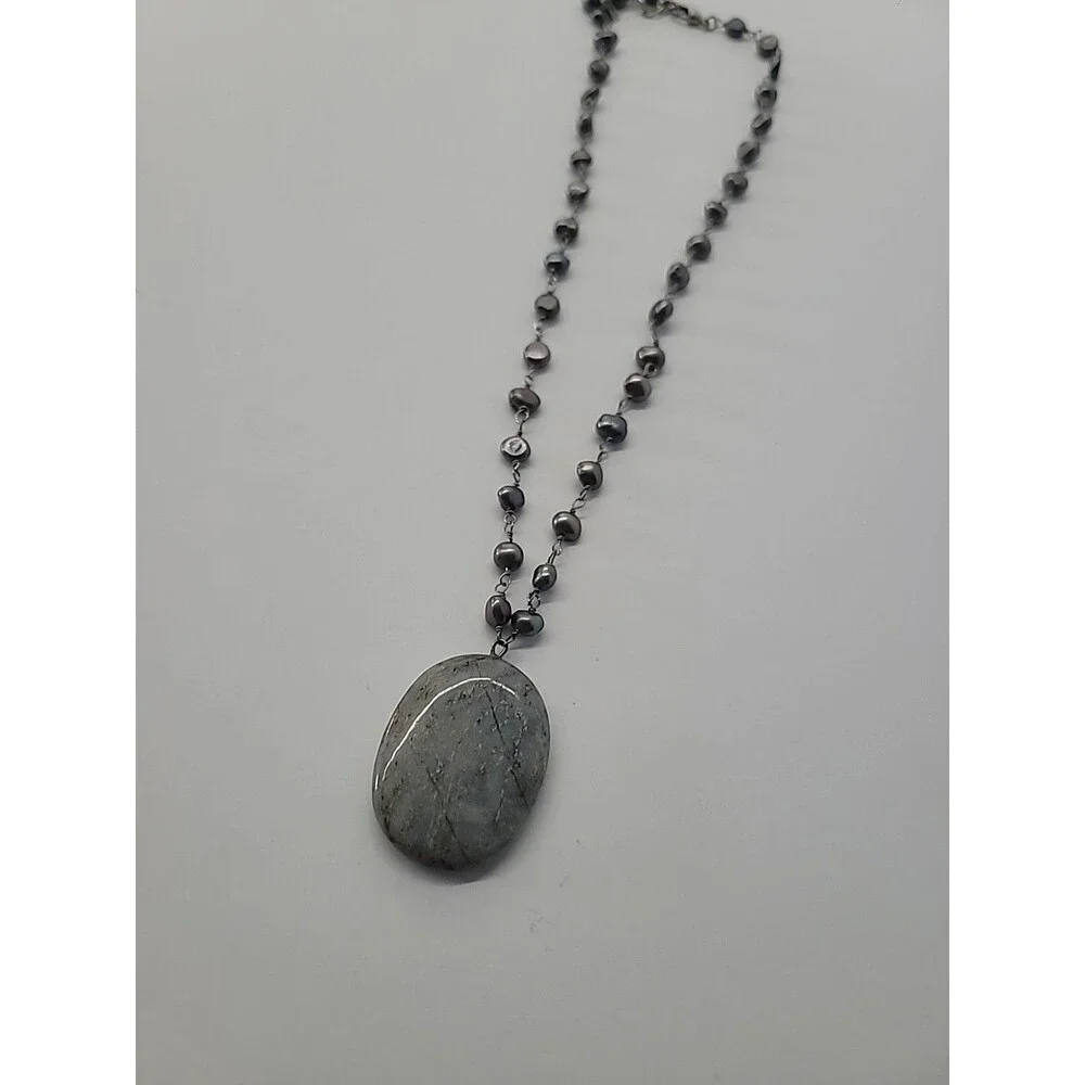 Vintage Silver Tone Beaded Necklace Gray Oval Natural Stone Pendant Boho Artisan - Picture 7 of 11